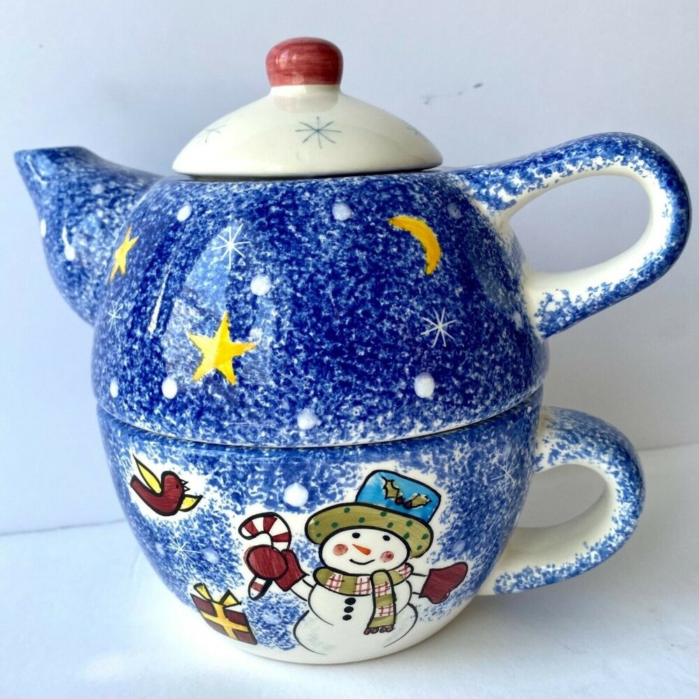 Vintage Snowman Tea for One 3 Piece Set Studio Nova Teapot Lid 12oz Cup Used 